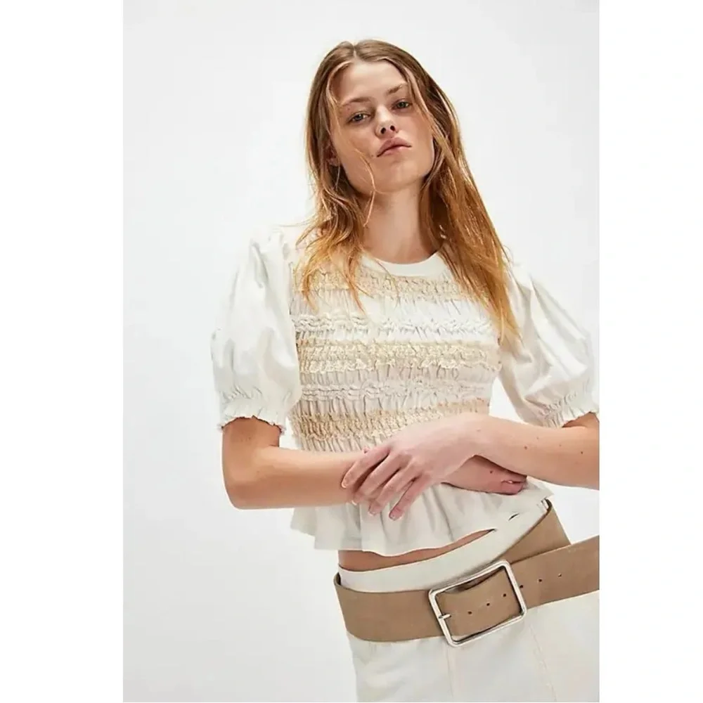 Free People Bohemian Cottage Ruched Maxey Knit Top in Ivory XL NWT Puff Sleeves